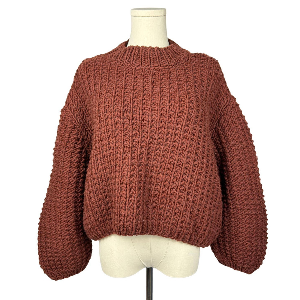 Revisited Merino Wool Shepherd Sweater in Maroon Brown Chunky Knit Womens One Sz